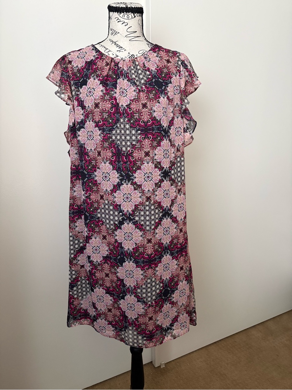 Kohl's Pink and Navy Floral Flutter Sleeve Midi Dress